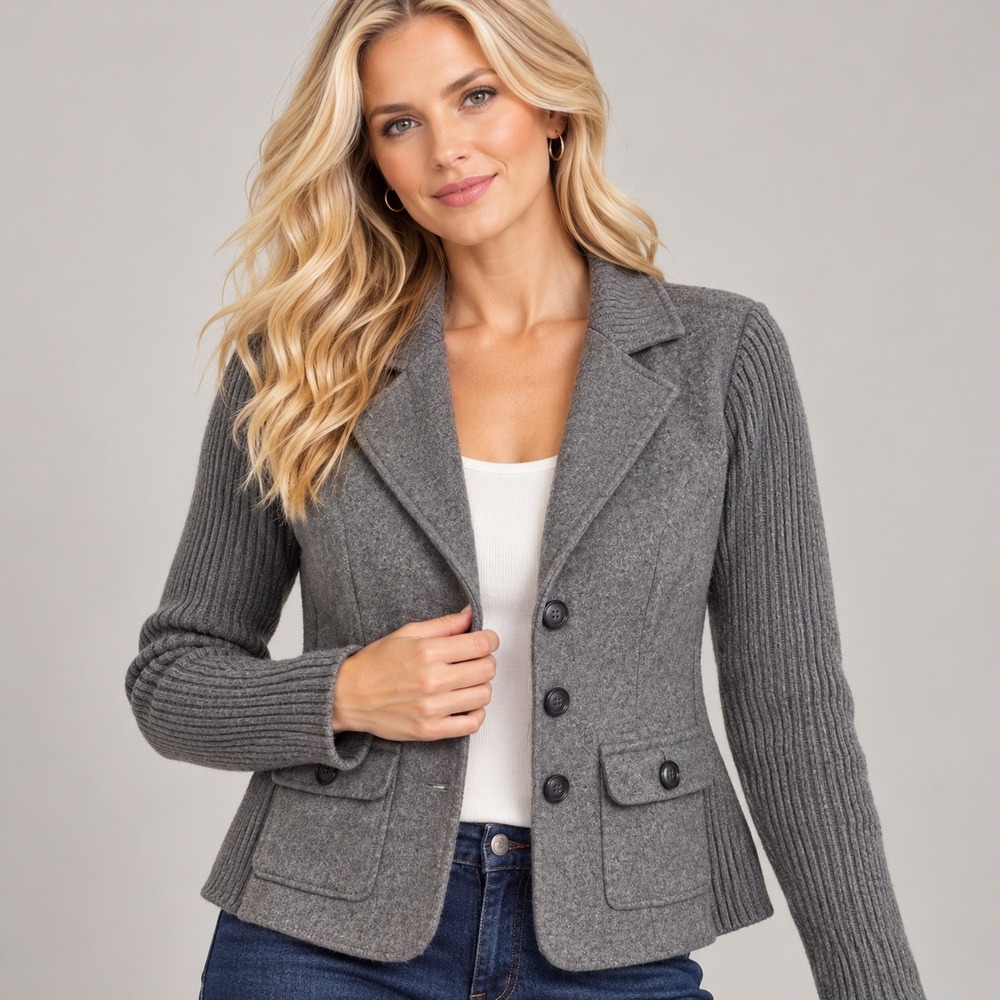 Cabi Blazer Jacket Womens Medium Gray Wool Blend Ribbed Knit Mixed Media
